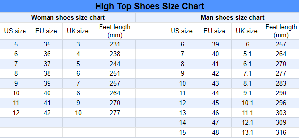 vans foot size chart